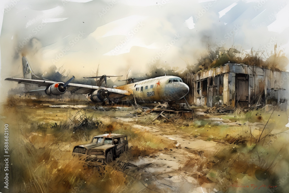 urbex an illustration of decayed airport buildings with  plane in the field generative ai
