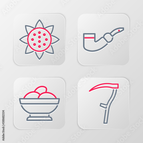 Set line Scythe, Varenyky in a bowl, Smoking pipe and Sunflower icon. Vector