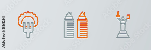Set line Mother Motherland monument, Dumplings fork and Two towers Dnipro icon. Vector