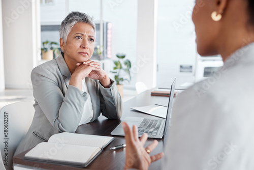 Fotografija Listening, meeting and business women with advice, support or discussion at financial advisor office for career growth