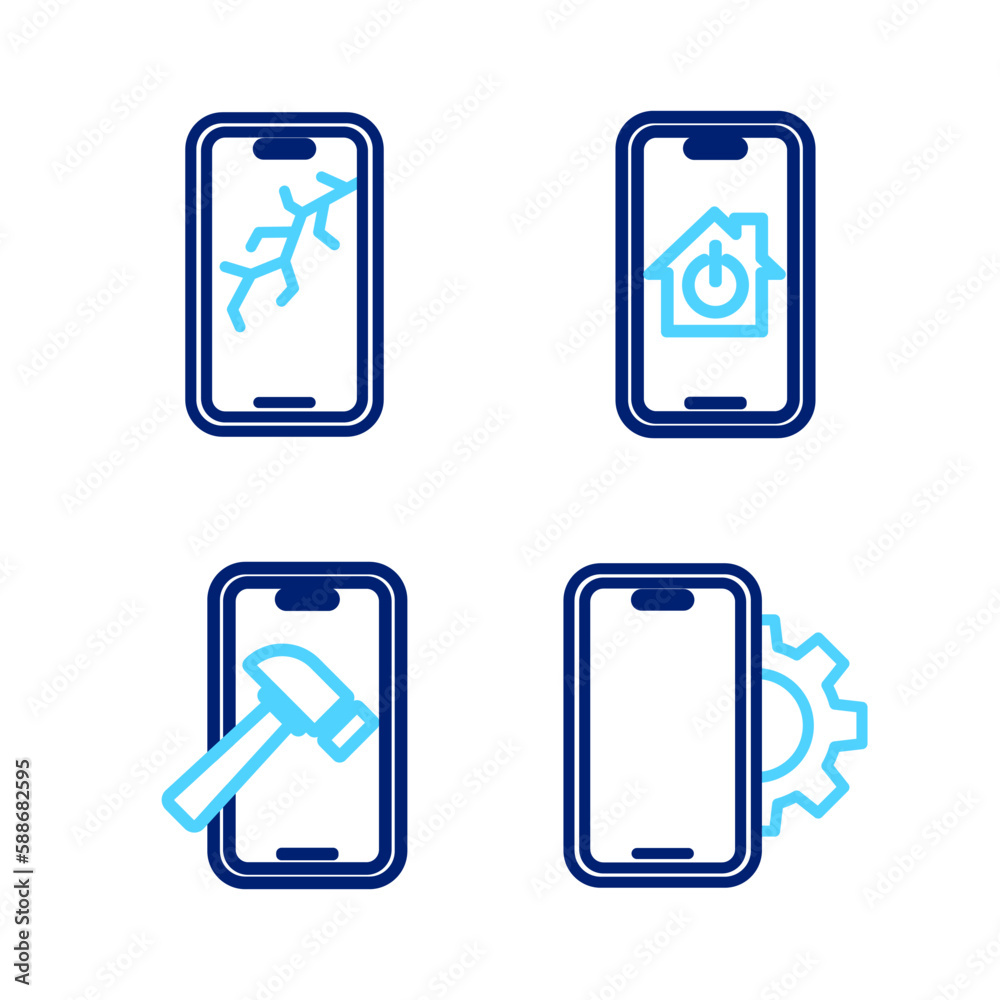 Set line Phone repair service, Mobile with broken screen, smart home and icon. Vector Set line Phone repair service, Mobile with broken screen, smart home and icon. Vector