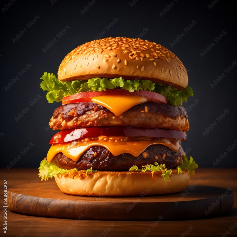 a hamburger sitting on top of a wooden table, luscious patty with sesame seeds cheeseburger