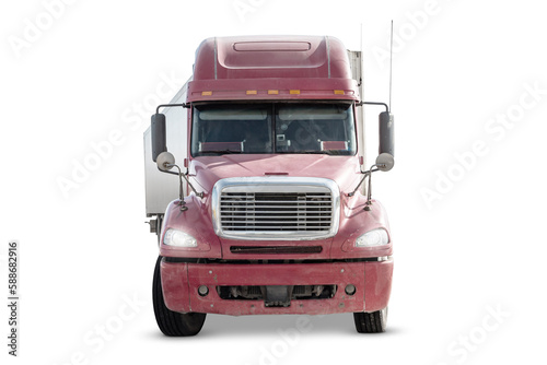 Front view of the red long-distance bonnet truck with a semitrailer isolated on white background