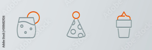 Set line Ice cream in waffle cone, Cocktail and Party hat icon. Vector
