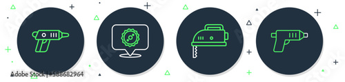 Set line Circular saw blade, Electric jigsaw, cordless screwdriver and icon. Vector