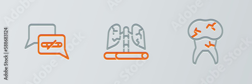Set line Tooth with caries, No smoking and Disease lungs icon. Vector