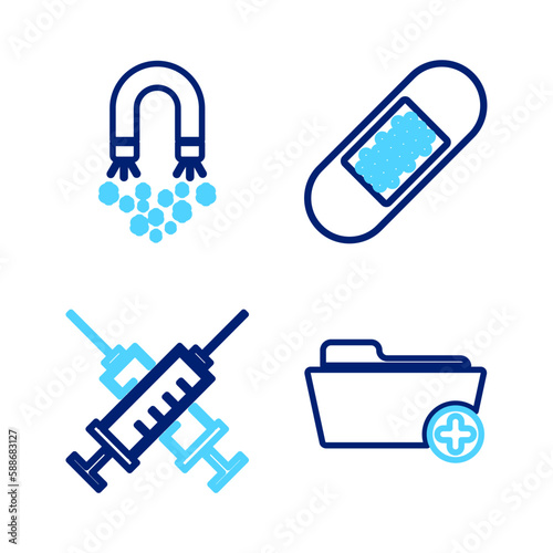 Set line Health record folder, Crossed syringe, Bandage plaster and Magnet with money icon. Vector