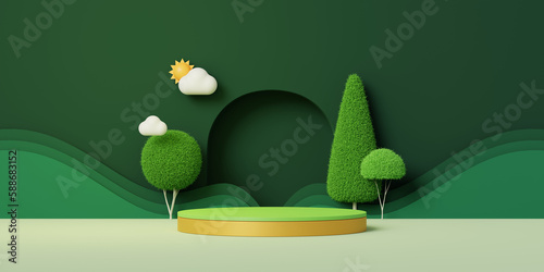3d modern minimal scene of green podium with Green tropic trees. Green Illustration Background. 3D rendering illustration.
