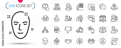 Pack of Augmented reality, Networking and Business skill line icons. Include Security, Health skin, Court jury pictogram icons. Teamwork, Video conference, Hold heart signs. Share. Vector