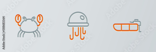 Set line Inflatable boat with motor, Crab and Jellyfish icon. Vector