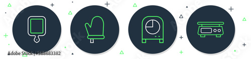 Set line Oven glove, Kitchen timer, Cutting board and Electronic scales icon. Vector