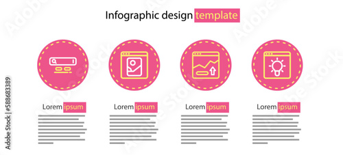 Set line Financial growth increase, Browser window, Photo retouching and Search engine icon. Vector