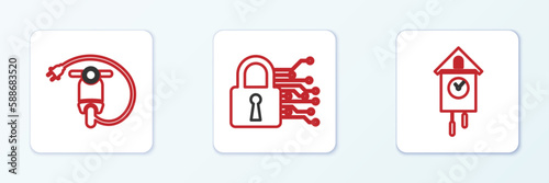 Set line Retro wall watch, Electric scooter and Cyber security icon. Vector