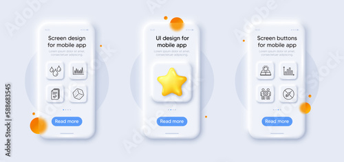 Dice, Sun energy and Employees teamwork line icons pack. 3d phone mockups with star. Glass smartphone screen. Line graph, Diagram graph, Handout web icon. No vaccine, Waterproof pictogram. Vector