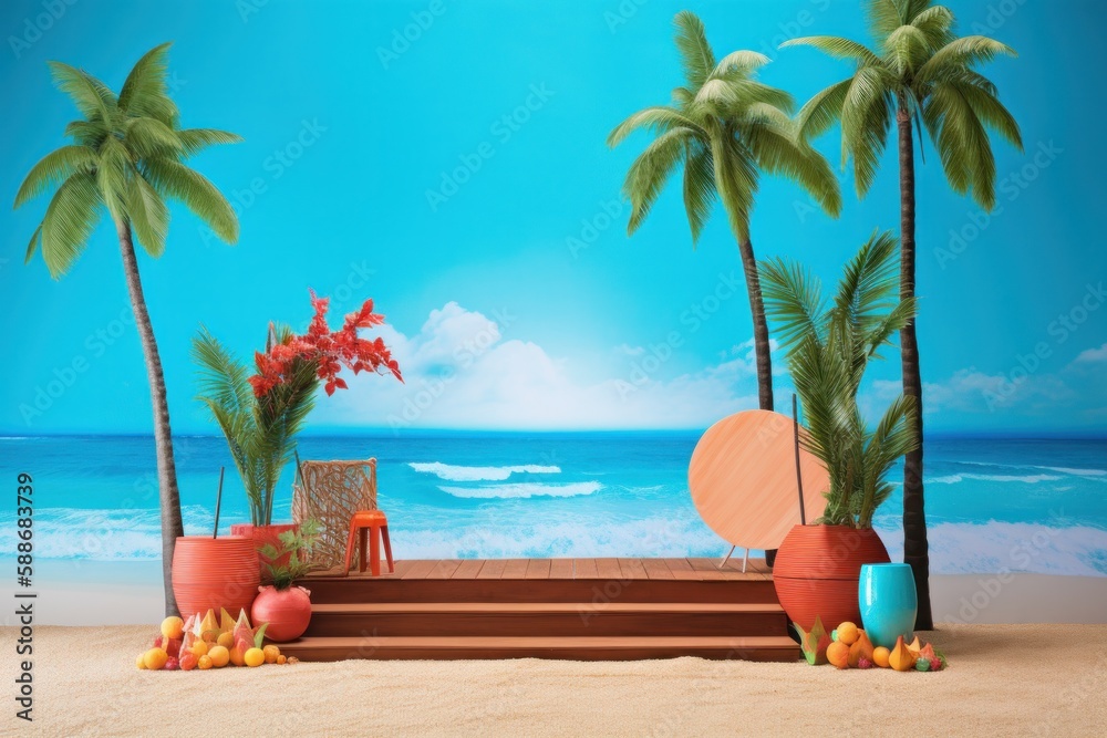 Obraz premium Tropical Product Showcase on Beachside Podium