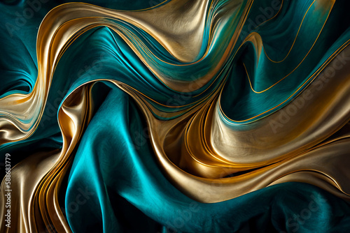 Gold Teal Silk Satin Smooth Wavy Texture Abstract Digital Art 3D Generative AI