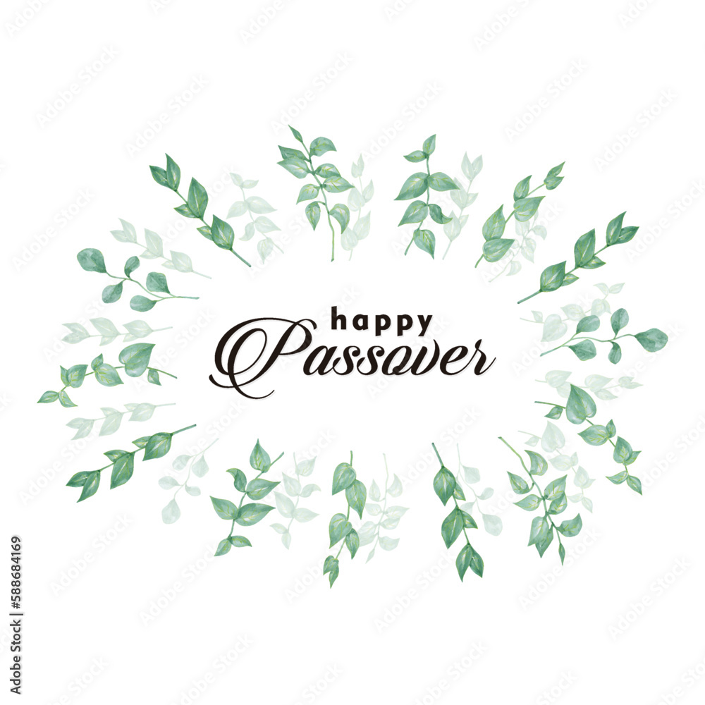 happy Passover card with floral decoration, Passover in Hebrew,  vector watercolor background illustration