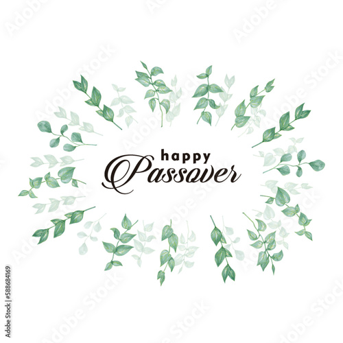 happy Passover card with floral decoration, Passover in Hebrew,  vector watercolor background illustration
