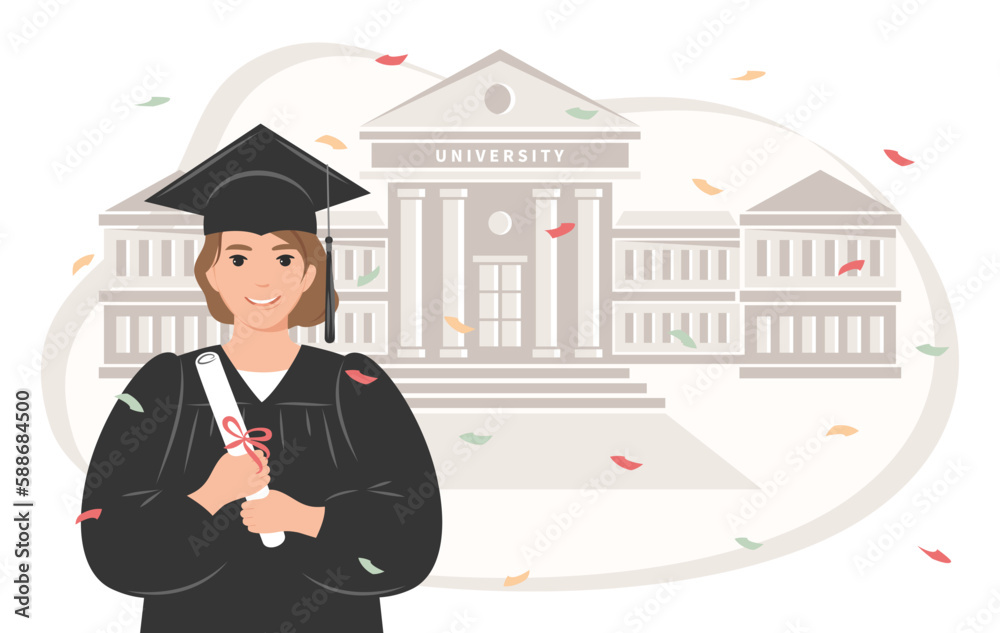 Happy graduate student with a diploma, wearing a robe and a square ...