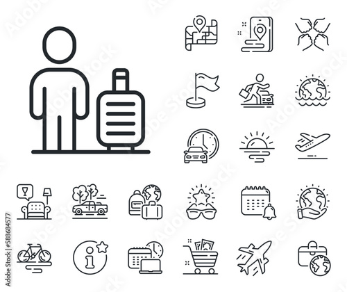 Man with travel luggage sign. Plane jet, travel map and baggage claim outline icons. Baggage line icon. Journey bag claim symbol. Baggage line sign. Car rental, taxi transport icon. Vector