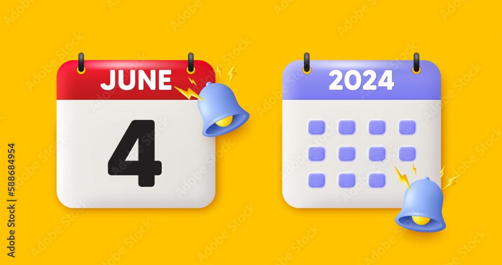 Calendar date 3d icon. 4th day of the month icon. Event schedule date. Meeting appointment time. 4th day of June month. Calendar event reminder date. Vector Calendar date 3d icon. 4th day of the month icon. Event schedule date. Meeting appointment time. 4th day of June month. Calendar event reminder date. Vector