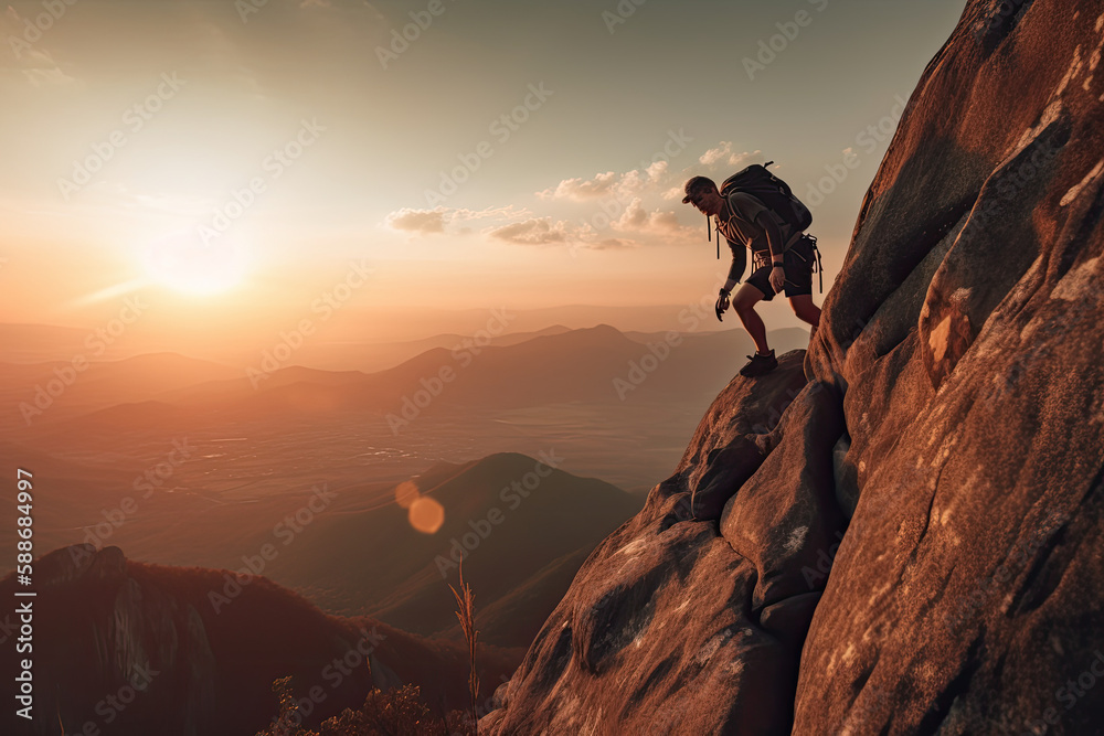 A person climbing on a mountain during sunset. Generative AI