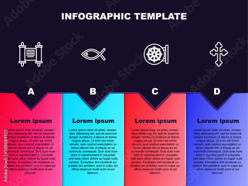 Set line Decree, paper, parchment, scroll, Christian fish, Dharma wheel and cross. Business infographic template. Vector