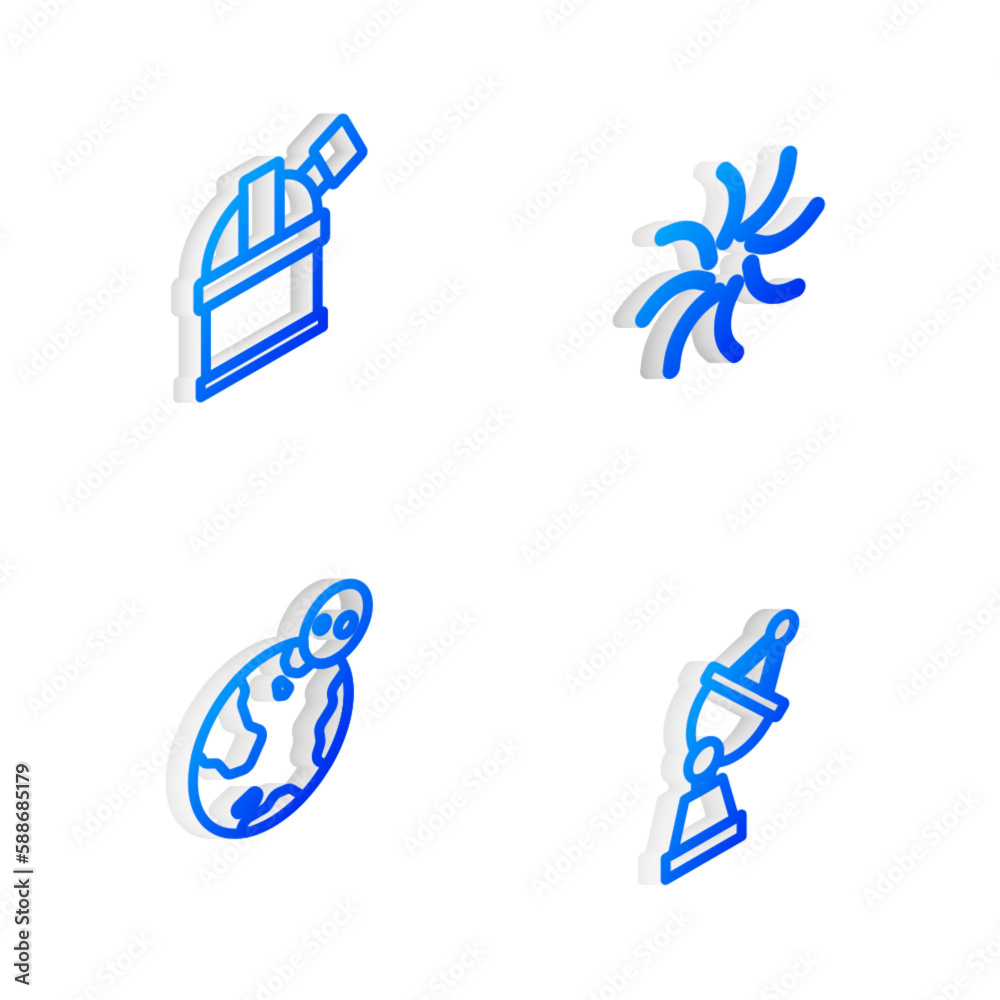 Set Isometric line Black hole, Astronomical observatory, Earth globe and Satellite dish icon. Vector