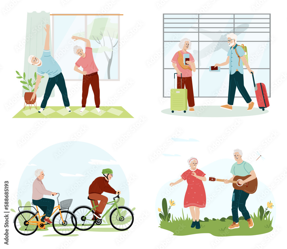 Collection of cute funny active elderly couples concept. Set of healthy activities for seniors exercising, dancing, cycling, travel. Active retirement spends time outdoors. Flat vector illustration