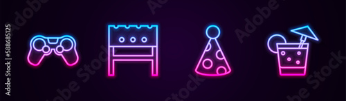 Set line Gamepad, BBQ brazier, Party hat and Cocktail. Glowing neon icon. Vector