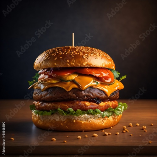 a hamburger sitting on top of a wooden table, luscious patty with sesame seeds cheeseburger