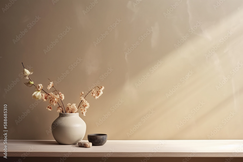 Beige wall interior with dry flowers in a vase, light on the wall. Generative AI