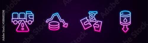Set line Stop delivery cargo truck, Dollar rate decrease, Tearing money banknote and Drop crude oil price. Glowing neon icon. Vector