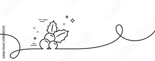 Christmas holly line icon. Continuous one line with curl. Ilex aquifolium sign. Christmas holly single outline ribbon. Loop curve pattern. Vector