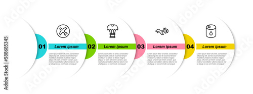 Set line Plane, Box flying on parachute, UAV Drone and Barrel oil. Business infographic template. Vector