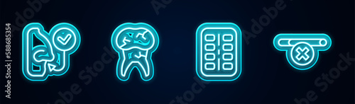 Set line Healthy breathing, Tooth with caries, Nicotine gum blister pack and No smoking. Glowing neon icon. Vector