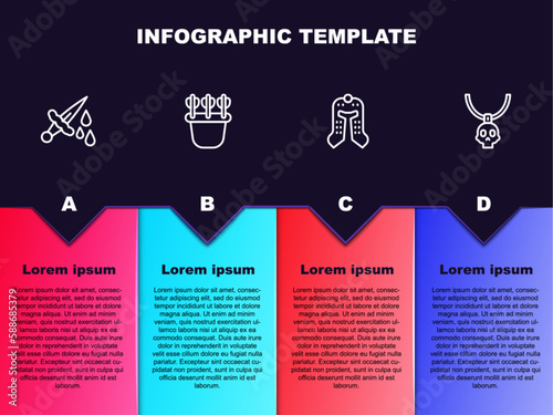 Set line Sword with blood, Quiver arrows, Medieval helmet and Necklace amulet. Business infographic template. Vector