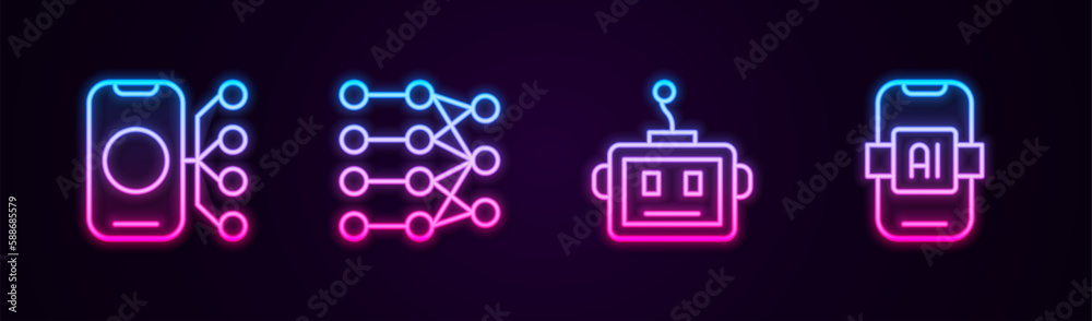 Set line Neural network, Artificial intelligence robot and AI. Glowing neon icon. Vector Set line Neural network, Artificial intelligence robot and AI. Glowing neon icon. Vector