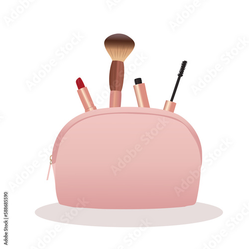 Illustration of a set of cosmetics - lipstick, blushes, mascara, makeup brush, and pink cosmetic bag