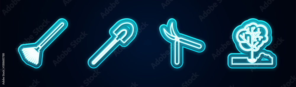 Fototapeta premium Set line Garden rake for leaves, shovel, Gardening handmade scissor and Planting tree the ground. Glowing neon icon. Vector