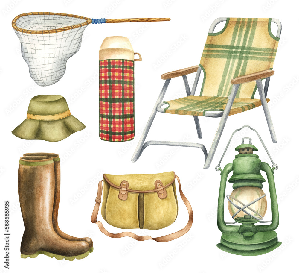 Set of elements for fishing. Folding chair, landing net, boots, lamp,  thermos, hat, bag. Vintage fly fishing tackle watercolor illustration set  of elements Stock Illustration