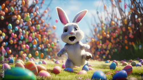 happy Easter bunny jumping with joy with many eggs; generative AI