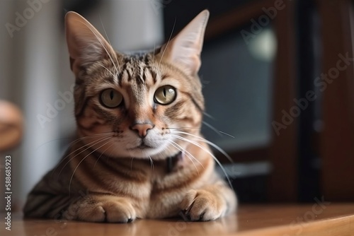 Adorable Cat Sitting at Home. Closeup of Cute Pet with Blur Background and Copy Space © Thares2020