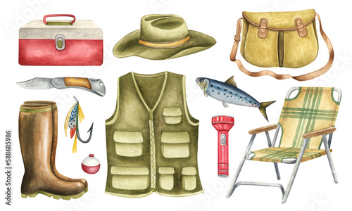 Collection of elements for fishing. Tackle box, vest, hat, bag, rubber boots, folding chair, fish, flashlight, bait. Vintage fly fishing equipment watercolor illustration set of elements