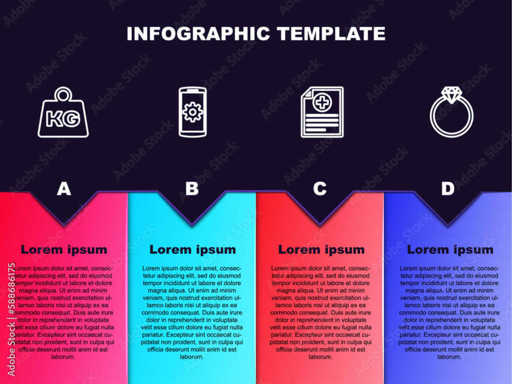 Fototapeta premium Set line Weight, Setting on smartphone, Clinical record and Diamond engagement ring. Business infographic template. Vector