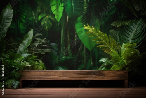 Empty Wooden Tabletop Display Showcase with Lush Jungle Leaves Background