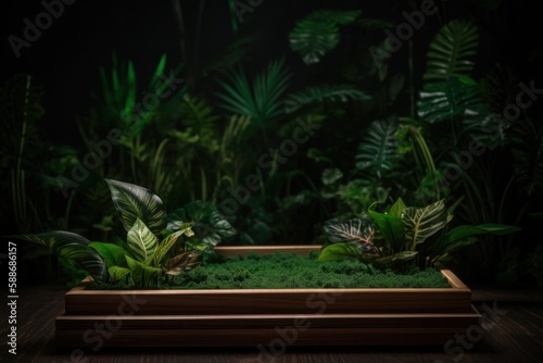 Empty Wooden Tabletop Display Showcase with Lush Jungle Leaves Background