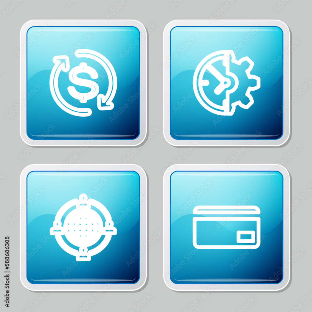 Set line Return of investment, Clock and gear, Outsourcing concept and Credit card icon. Vector Set line Return of investment, Clock and gear, Outsourcing concept and Credit card icon. Vector