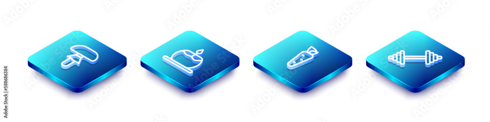 Set Isometric line Mushroom, Aroma candle, Carrot and Dumbbell icon. Vector Set Isometric line Mushroom, Aroma candle, Carrot and Dumbbell icon. Vector