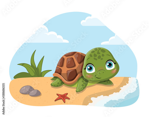 Cute turtle on beach. Animal near sea and ocean, tropic and exotic. Poster or banner for website. Sea dweller in shell, toy or mascot for children. Cartoon flat vector illustration